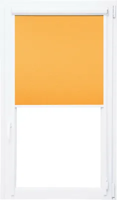 A roller blind with an orange fabric is shown in a white window frame.
