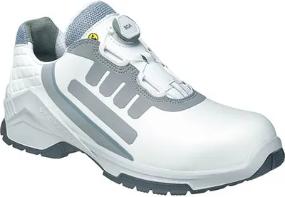 A white and gray safety shoe with a BOA lacing system.
