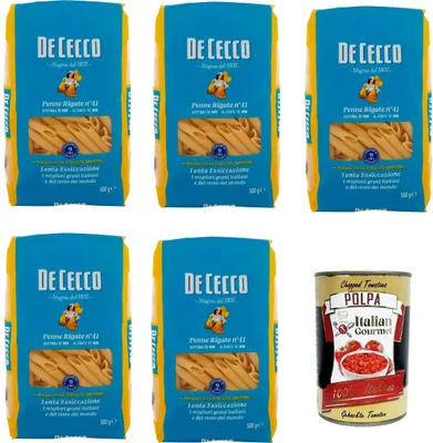 Produktbild von De Cecco Penne rigate N°41, 100% Italienisch Pasta Nudeln 5x 500g + Italian Gourmet Polpa 400g