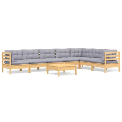 Image de Salon de jardin 8 pcs avec coussins gris Bois de pin massif