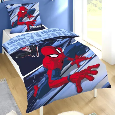 Produktbild von Spiderman Bettwäsche Set für Jungen in Fleece Qualität - Decken- und Kissenbezug 135x200 80x80 cm mit Reißverschluss - Blau, Maschinenwäsche,