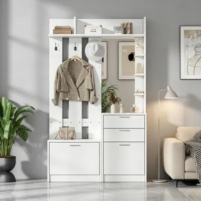 Produktbild von Merax Garderobe mit Schuhbank und Spiegel, Flurgarderobe mit Schubladen, Kleiderschrank Flur mit ausklappbaren Schuhschränken, 3 Haken & Regalen, Weiß
