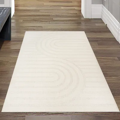 Produktbild von Schimmernder Wohnzimmer-/Schlafzimmer-Teppich strapazierfähig mit ovalem Linienmuster in Creme Größe - 80 x 300 cm