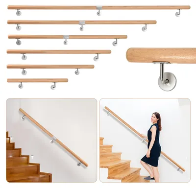 Produktbild von Peviasot Buchenholz Handlauf 80 cm, Treppenhandlauf aus Massivholz mit Edelstahl-Wandhalter, Ø 4,2 cm, lackiert, für Treppe Flur Bad Gartenstufen