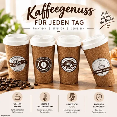 Produktbild von 4 Coffee to Go Becher 450ml Kork Mehrwegbecher Trinkbecher mit Deckel Kunststoff