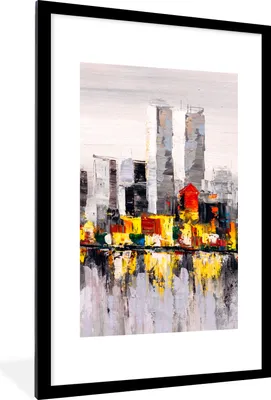 Produktbild von MuchoWow® Gerahmtes Poster Gemälde - Skyline - Farben - Ölfarbe 60x90 cm - Poster mit Schwarzem Bilderrahmen Wandposter Rahmen Foto Bilder - Dekoration - Wandposter Wohnzimmer - Hochwertig