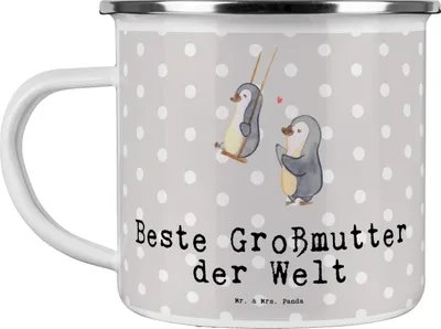 Produktbild von Mr. & Mrs. Panda Emaille Tasse Pinguin Beste Großmutter der Welt - Grau Pastell - Geschenk, Geschenkidee, Grosseltern, Teetasse, Oma, emaillebecher, blechbecher, Omi