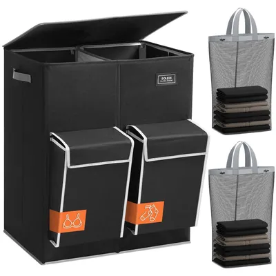 Image de Panier à linge avec couvercle, 180 litres, 4 compartiments, sacs à linge amovibles, poches latérales, couleur noire