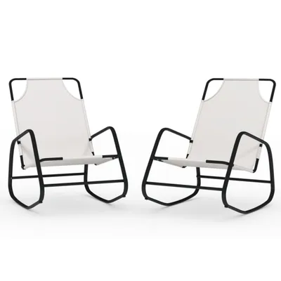 Two white rocking chairs with black frames on a white background.
