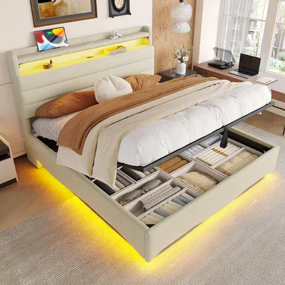Produktbild von Flieks Hydraulisches Polsterbett 140x200cm mit USB und Type-c, Boxspringbett Doppelbett mit Led, Jugendbett Stauraumbett Leinen, Beige