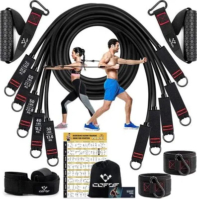 Produktbild von Fitnessband Set, 5 Teile, Expander, große Griffe, ideal für Pilates, Krafttraining