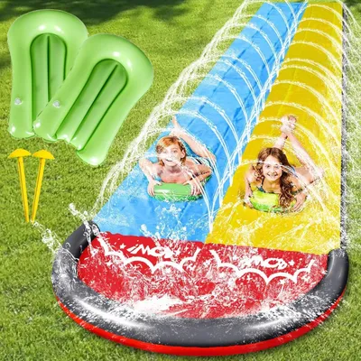 Productafbeelding van Dubbele waterglijbaan 480 cm, 2 opblaasbare planken, met sproeier, voor tuinspeelgoed