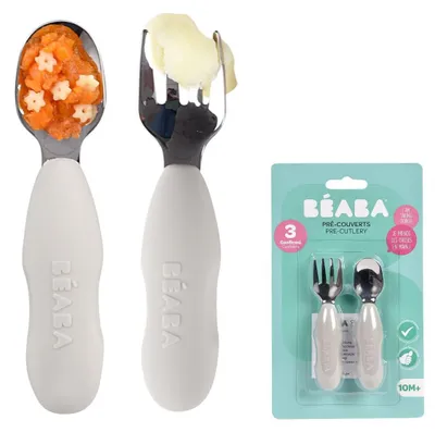 Zdjęcie produktu dla BÉABA, zestaw 2 sztućców ze stali nierdzewnej i silikonu, sztućce dla niemowląt, sztućce dla dzieci, od 10 miesięcy, ergonomiczny kształt, ergonomiczny uchwyt, sztućce do nauki dla niemowląt, Velvet szary