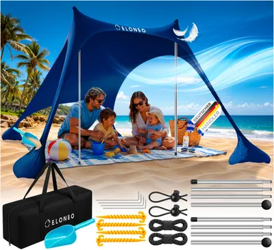 Produktbild von ELONEO Strandzelt Sonnensegel LSF 50+ UV Schutz Windschutz Strand Zubehör Zelt, Blau - 200x170x150 cm