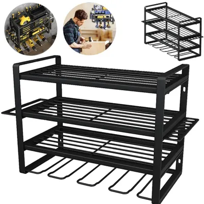 Produktbild von Werkzeughalter Wandmontage - Regal für Elektrowerkzeuge - 4 Ebenen Metall, Bohrerhalter - 40×20×31 cm, 50 kg Tragkraft - Garage Werkstatt - Schwarz