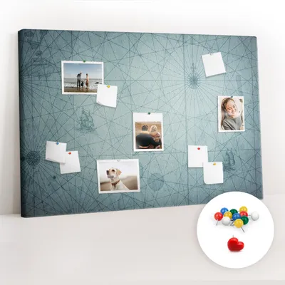 Obrázek produktu pro Korková nástěnka s kolíčky - Tabule s kolíky pro fotografie a poznámky - 120x80 cm - Připínáčky barevné 100 kusů - Vintage mapa