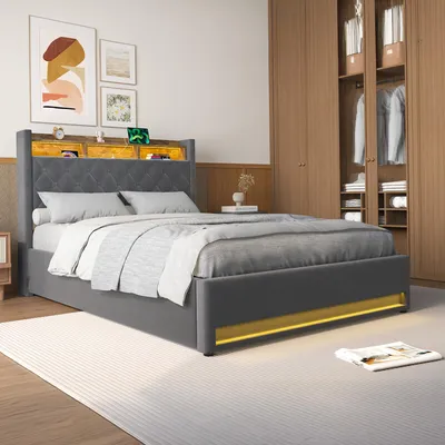 Produktbild von STILVORA Polsterbett 140×190 mit bettkasten,Stauraumbett Boxspringbett mit USB-Anschluss und LED-Licht,Funktionsbett ohne matratze,mit Stauraum,grau