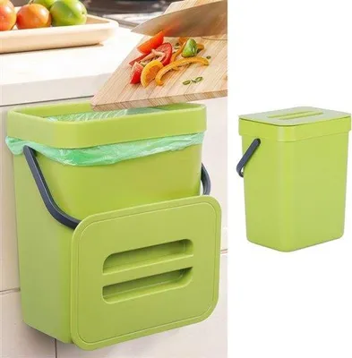 Immagine prodotto di Set di contenitori compatti per rifiuti da cucina Unyqoos®, 2 contenitori (4 l + 2,3 l), senza BPA, coperchio ermetico, da appendere o con supporto adesivo