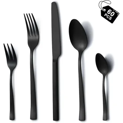 Produktbild von Besteckset 60-teilig für 12 Personen, Edelstahl, Schwarz, Hochglanzpoliert, Spülmaschinenfest