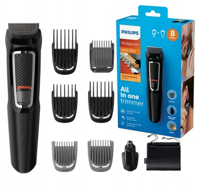 Produktbild von Philips MULTIGROOM Series 3000 8 Aufsätze, 8-in-1, für Gesicht und Haare, Schwarz, Rechteck, Bart, Ohr, Schnurrbart, Nase, Edelstahl, AC, 60 min