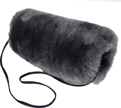 A dark gray, furry hand muff with a black strap, isolated on a white background.