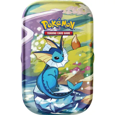A Pokemon trading card game mini tin box featuring Vaporeon.