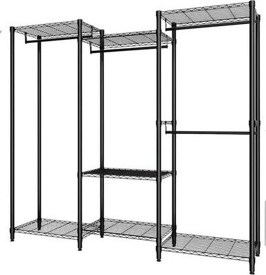 Produktbild von Schwerlast Kleiderständer aus Metall - Freistehendes Garderobenregal mit verstellbaren Ablagen und Kleiderstangen - Industrie Kleideraufbewahrungssystem - Schwarz