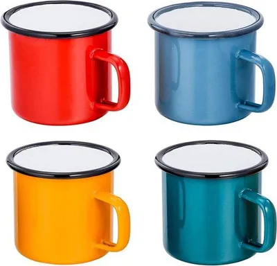 Produktbild von Unyqoos® Emaille-Becher 4er-Set, 350 ml – aus hochwertigem Eisen mit keramischer Beschichtung, Retrofarben Rot/Blau/Grün/Gelb, leicht & tragbar für Camping, Büro, Zuhause
