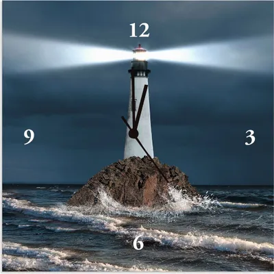 Produktbild von ARTland Wanduhr auf Alu Quarzuhr - schwarzer Zeiger Bild von Leuchtturm mit Lichtstrahl Größe: 30x30 cm