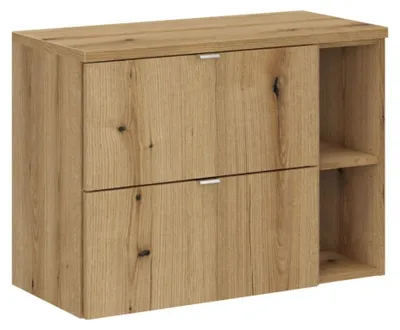Image de Ensemble de salle de bain suspendu VANO aspect chêne 80cm : meuble sous vasque à tiroirs + niches visibles + plan pour vasque