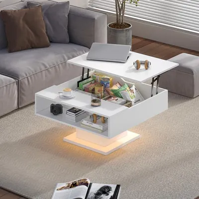 Produktbild von Radelldar Couchtisch höhenverstellbar mit LED Beleuchtung, Wohnzimmertisch mit Stauraum, 1-St. matt 78x78x40cm, Weiß