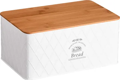 A white bread box with a bamboo lid.