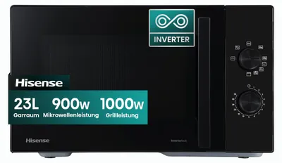 Obrázek produktu pro Mikrovlnná trouba Hisense o objemu 23 litrů s invertorovým motorem, výkon 900 W, funkce grilu 1000 W.