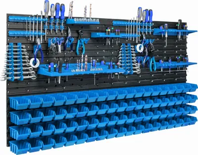 Obrázek produktu pro 76 stohovacích boxů Nástěnná police Plastový držák na nářadí 154 x 78 cm Dílenský skladovací systém Garážový úložný systém Pohledové úložné boxy Žlab