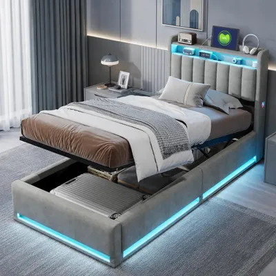 Imagen del producto de Cama tapizada BPKADHY con espacio de almacenamiento, cama juvenil de 90x200 cm, cama con sistema hidráulico, cajón, luces LED, puerto USB, cabecero y somier, tapizada en terciopelo gris, sin colchón, Imagen generada por IA