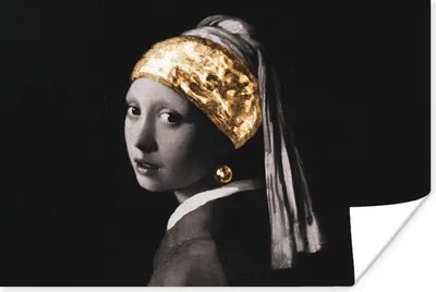 Produktbild von MuchoWow® Poster Mädchen mit Perlenohrring - Vermeer - Gold - Schwarz - Weiß 30x20 cm - Plakate - Print