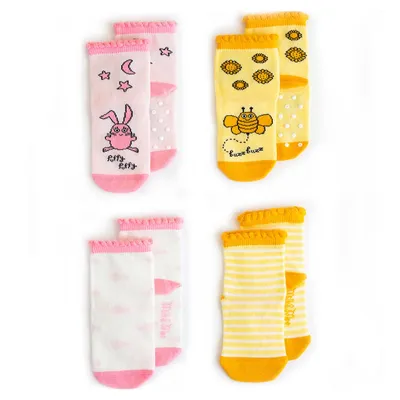Immagine prodotto di Milk&Moo Buzzy Bee e Chancin 2 paia di calzini per neonati, calzini per neonati, calzini per neonati 4 pezzi, calzini colorati per bambini in cotone, traspiranti, 0-12 mesi, giallo-rosa