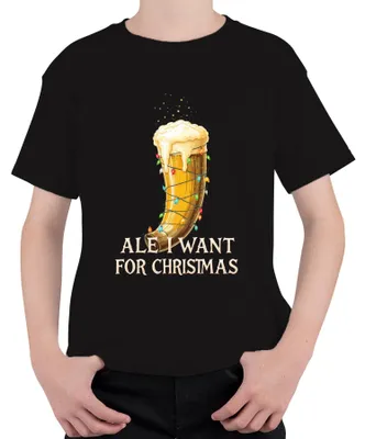 Produktbild von Ale I Want For Christmas Wikinger Trinkhorn Bier Geschenk lustig Kinder T-Shirt, Schwarz, 152