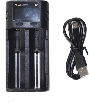 A black dual battery charger with a USB cable on a white background.