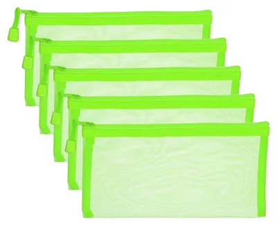 Productafbeelding van Set van 5 afsluitbare netzakken, 11,5 x 23 cm, groen, voor het opbergen van documenten, kralen, kantoorbenodigdheden en huishoudelijke artikelen.
