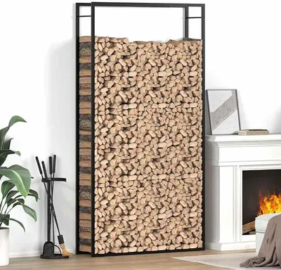 Obrázek produktu pro Regál na dřevo, matná černá barva, ocel, rozměry 110 x 28 x 214 cm. Regál na dřevo pro vnitřní i venkovní použití, odolný kovový systém pro skladování, úsporný design s nástěnným držákem pro krb a kamna