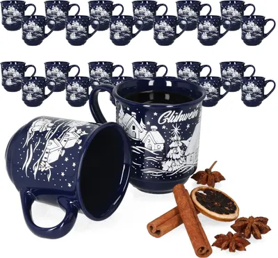 Immagine prodotto di set di 36 tazze da vin brulé da 0,2 litri in porcellana blu scuro con paesaggio natalizio, calibrate