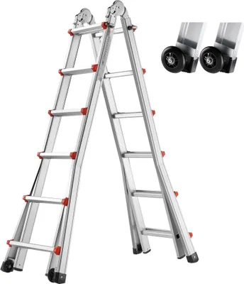 Imagen del producto de Escalera telescópica - Escalera de tijera extensible - Altura: 6,23 m - Aluminio - Capacidad de carga: 150 kg - Plegable y compacta - 2 en 1: escalera y andamio