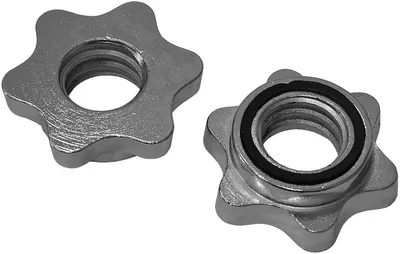 Two star-shaped nuts for a barbell.
