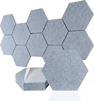 A stack of hexagonal acoustic panels with adhesive backing, and a larger arrangement of the same panels attached to a surface.