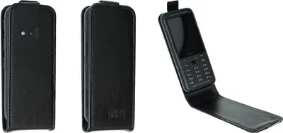 Three views of a black flip phone case, one open showing the phone inside.