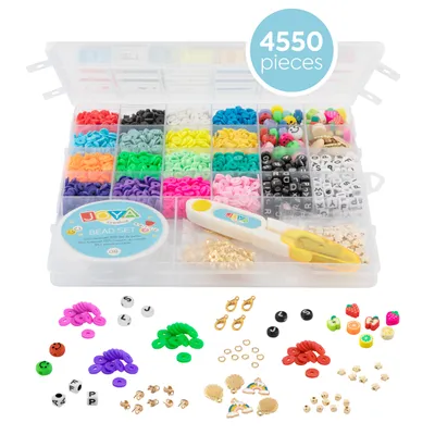 Image de Assortiment Joya Creative 4550+ pour la création de bijoux | Créer des bracelets pour filles | Katsuki - Smileys - Perles lettres - Pendentifs - Licorne - Perles en pâte polymère en forme de fruits - Fil élastique inclus - Outil de découpe - DIY - Création de colliers