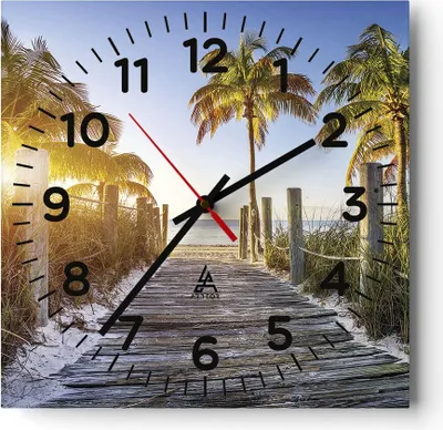Produktbild von Wanduhr - Quadrat - Glasuhr - Strand Palmen Fußgängerbrücke - 30x30cm - Schleichendes Uhrwerk - Lautlos - zum Aufhängen bereit - Dekoration Modern - Wanddekoration aus Glas - C4AC30x30-4171