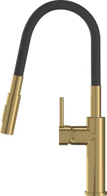A gold and black kitchen faucet with a flexible hose.