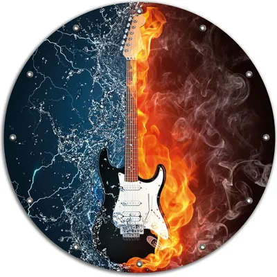 Produktbild von Wallario rundes Outdoor-Poster für Garten oder Balkon, Motiv Feuer-Wasser-Gitarre, 90 cm Durchmesser